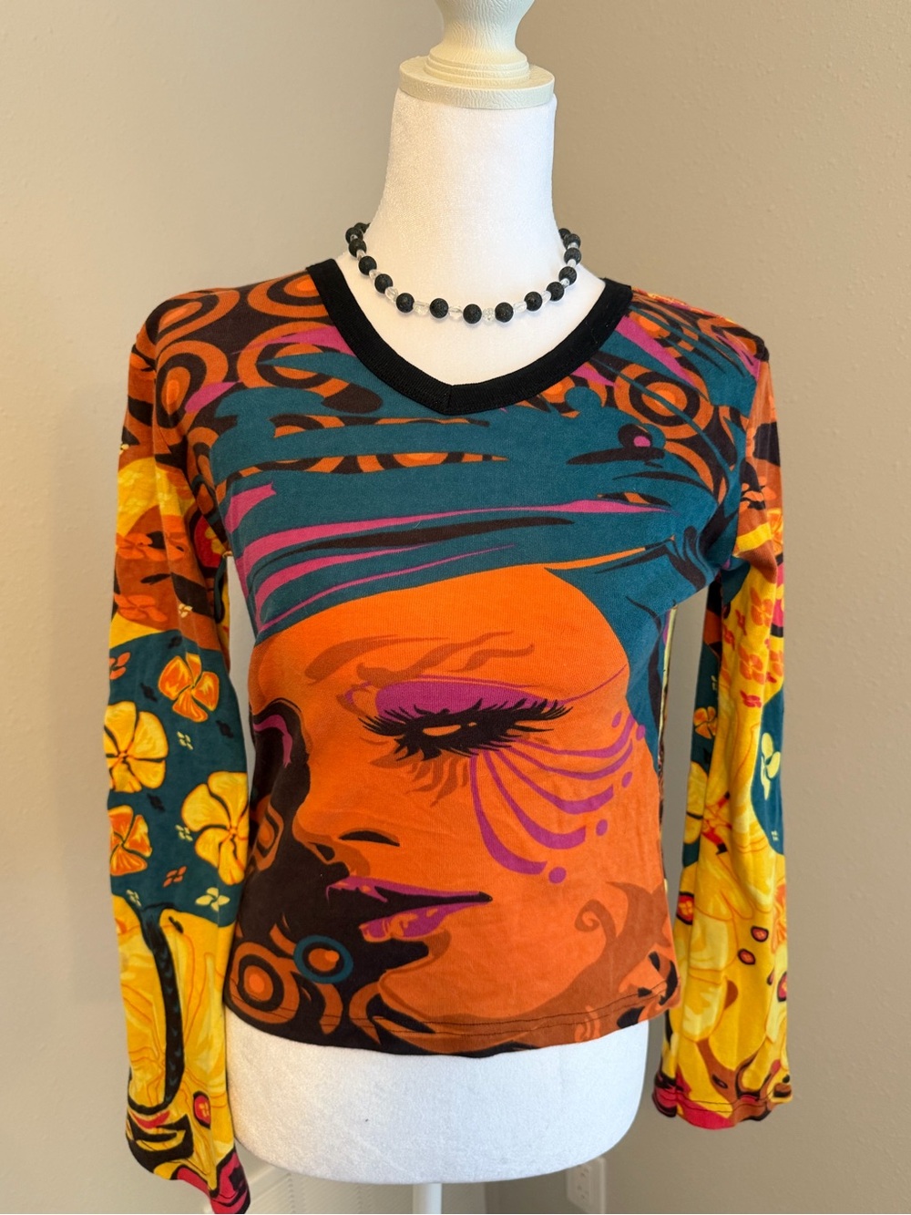 Abstract Portrait Long Sleeve V-Neck Top - inc. necklace
